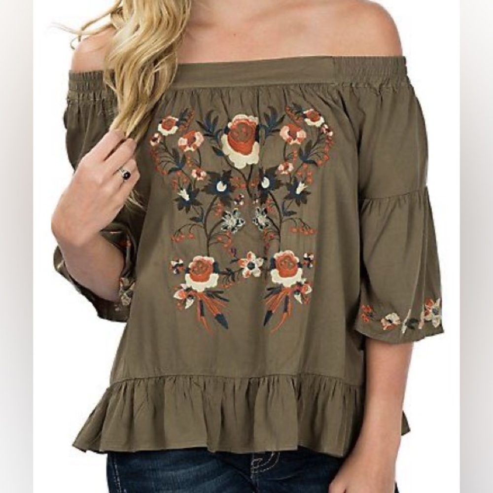 Umgee Off the Shoulder Olive Floral Embroidered Top